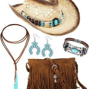Western Jewelry Set Women Cowgirl Hat Fringe Purse Necklace Earrings Bag